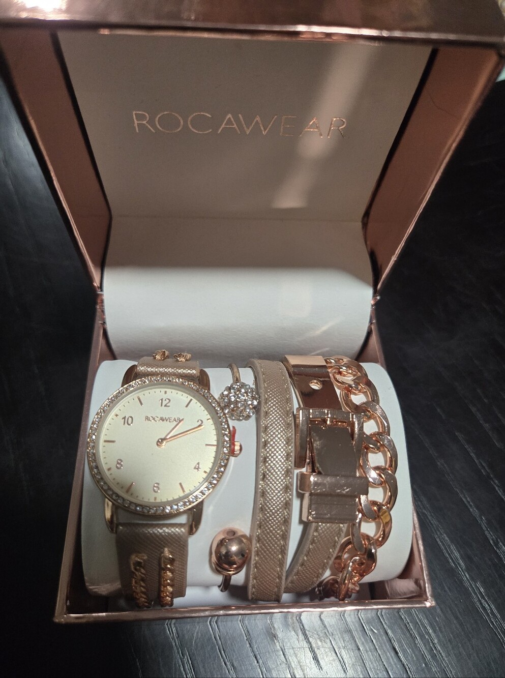 Rocawear Rose Gold Watch and Bracelet Set with Crystal Accents